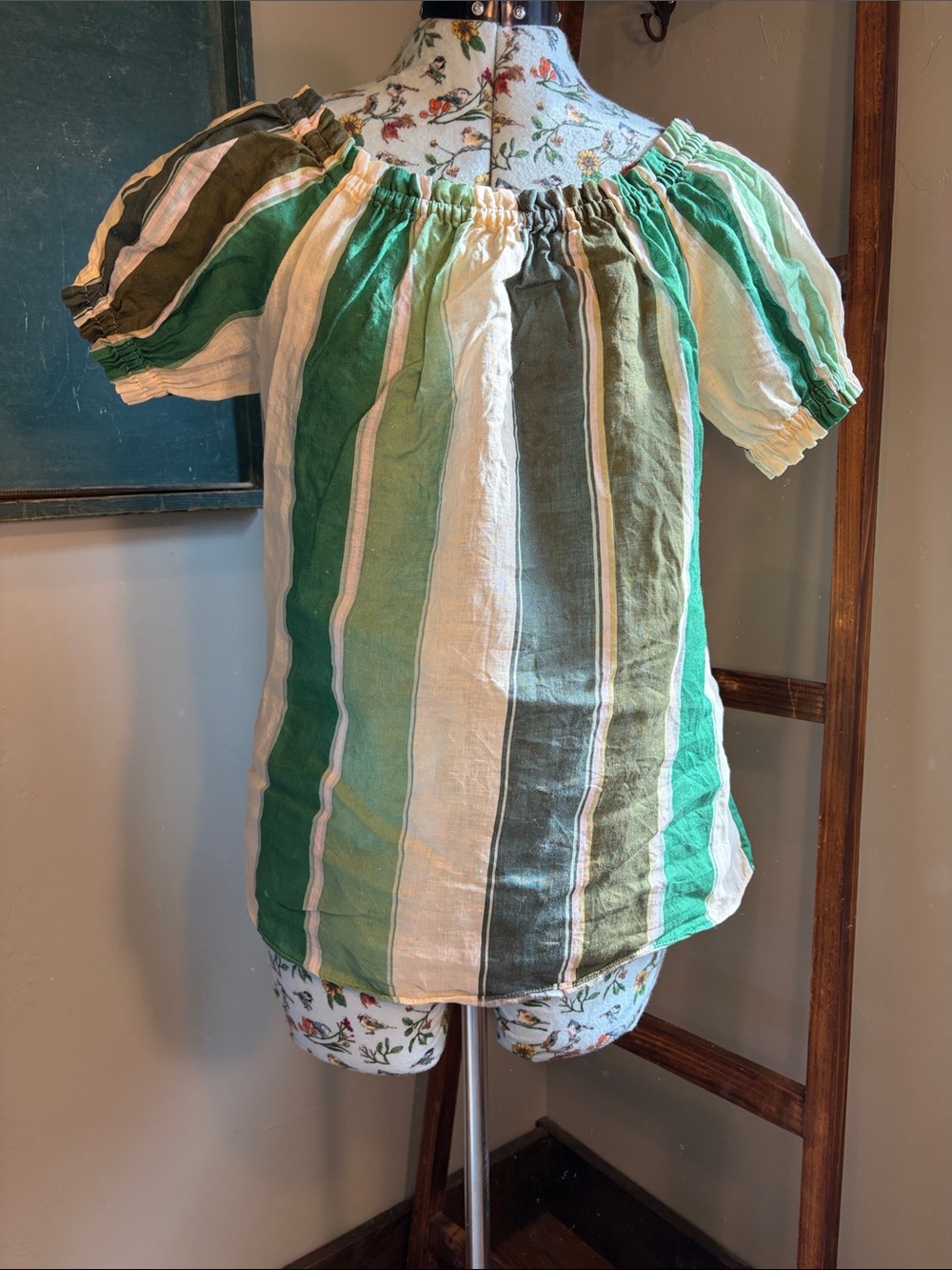Striped Off-Shoulder Peasant Blouse in Green and Cream